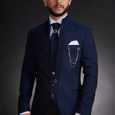 Smoking Bleumarin Bărbați cu Guler Tunică și Detalii Jacquard  - CAB02