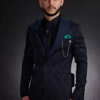 Smoking Bleumarin Bărbați cu Guler Spitz – Costum Elegant de Ceremonie - CAB03