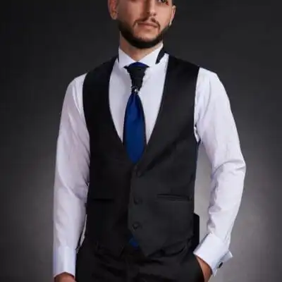 Set Vestă și Lavalieră Neagră de Ceremonie cu Spate Albastru Regal pentru Bărbați- 04VLBN