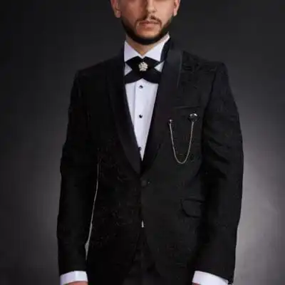 Smoking Negru Brodat Bărbați cu Guler Șal – Costum Elegant Nuntă & Gală - CBN05