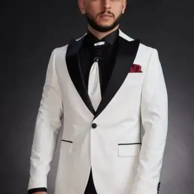 Smoking Alb Negru Bărbați cu Guler Spitz – Costum Elegant pentru Nuntă și Evenimente - CAN07