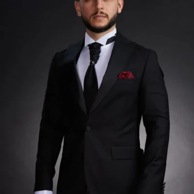 Smoking Negru Bărbați cu Guler Spitz – Costum Elegant Black Tie  - CZN21