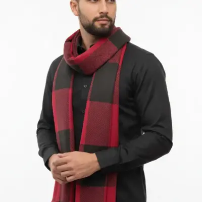 Fular bărbătesc din cașmir și lână negru-burgundy, cu model geometric în carouri Geometric Elegance