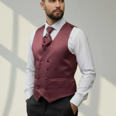 Set Vestă și Lavalieră Satin Vișiniu Bărbați pentru Mire și Ceremonii Elegante - 44VLV