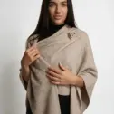 Șal triunghiular damă cappuccino din cașmir și lână, stil poncho