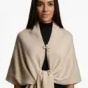 Șal triunghiular damă bej deschis din cașmir și lână, stil poncho