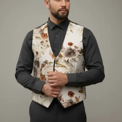 Vestă Brocart Bărbați Ivory Floral Maxi pentru Mire și Ținute de Ceremonie- 39VLV