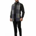 Fular bărbătesc din cașmir și lână navy-gri, cu model geometric în carouri Geometric Elegance