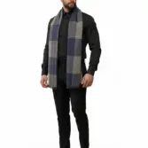 Fular bărbătesc din cașmir și lână navy-gri, cu model geometric în carouri Geometric Elegance
