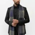 Fular bărbătesc din cașmir și lână navy-gri, cu model geometric în carouri Geometric Elegance