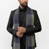 Fular bărbătesc din cașmir și lână navy-gri, cu model geometric în carouri Geometric Elegance