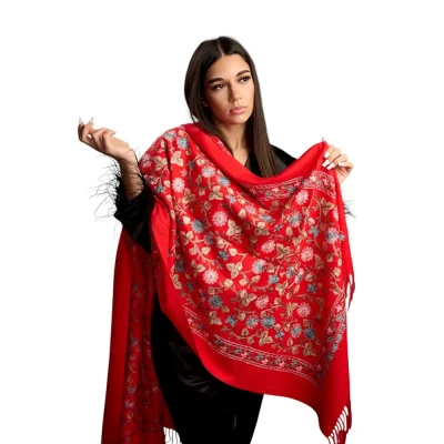 Șal Elegant din Lână și Cașmir cu Broderie – Model SLC174 (Rosu)