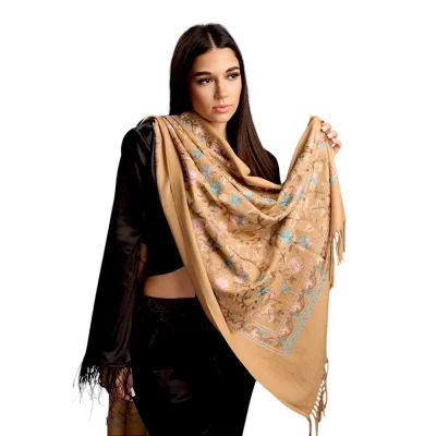 Șal Elegant din Lână și Cașmir cu Broderie – Model SLC170 (Bej)