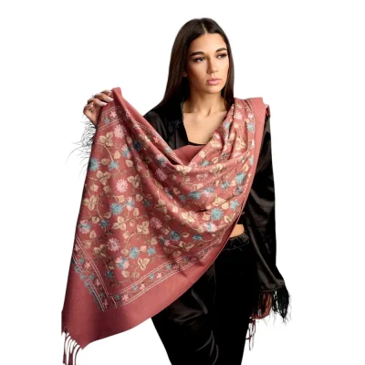 Șal Elegant din Lână și Cașmir cu Broderie – Model SLC171 (Roz Pal)