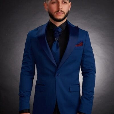 Costum mire/ginere  - Smoking elegant ,albastru imperial, aplicatie matase la rever- CZA24