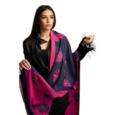 Șal Elegant din Lână și Cașmir – Model Floral SLC269 (Roz cu Albastru)