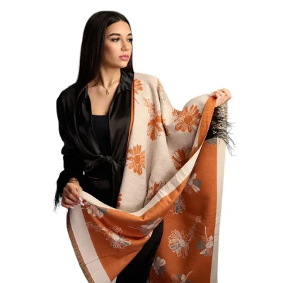 Șal Elegant din Lână și Cașmir – Model Floral SLC270 (Portocaliu cu Crem)
