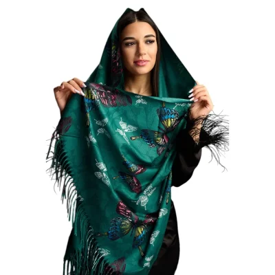 Șal Elegant din Lână și Cașmir – Model SLC261 (Verde cu Fluturi)