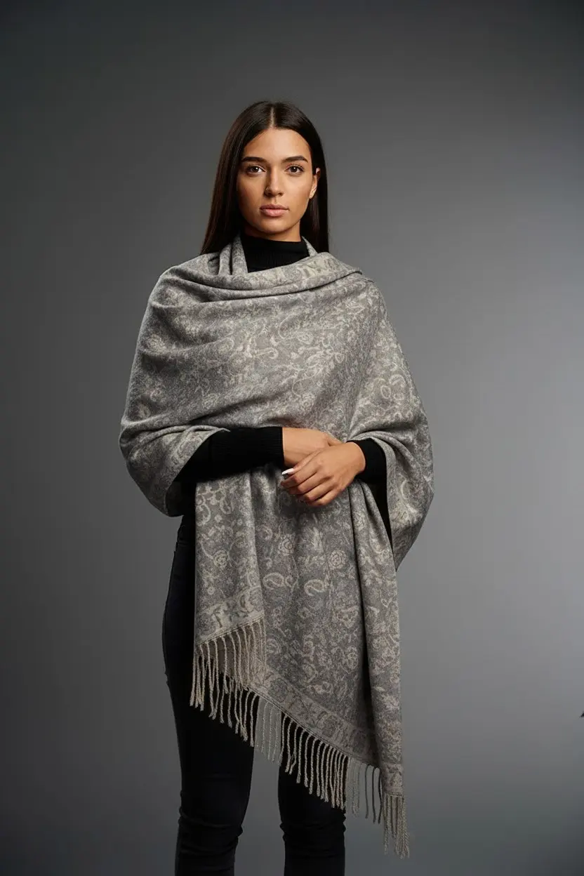 Șal damă gri deschis din cașmir și lână – Éclat Light Grey Șal damă gri deschis din cașmir și lână – Éclat Light Grey
