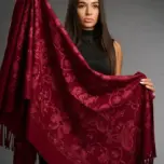 Șal damă vișiniu din cașmir și lână cu broderie ton pe ton