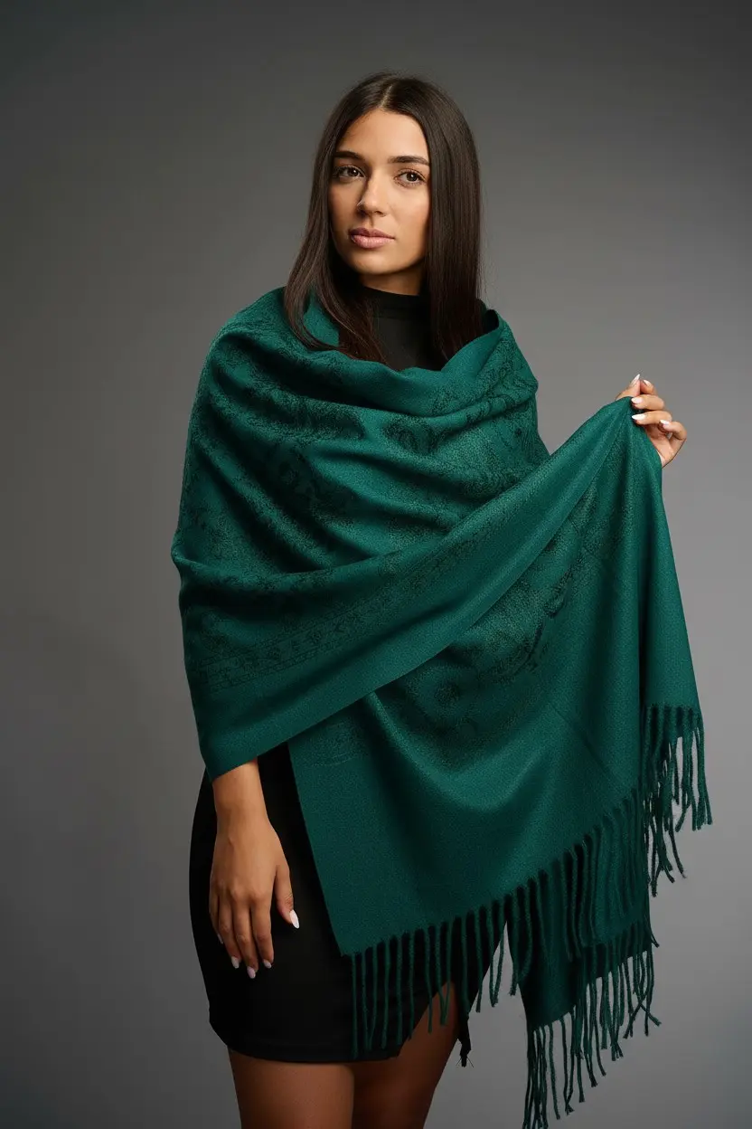 Șal damă verde smarald din cașmir și lână cu broderie ton pe ton Șal damă verde smarald din cașmir și lână cu broderie ton pe ton