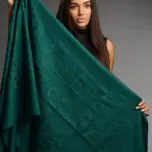 Șal damă verde smarald din cașmir și lână cu broderie ton pe ton