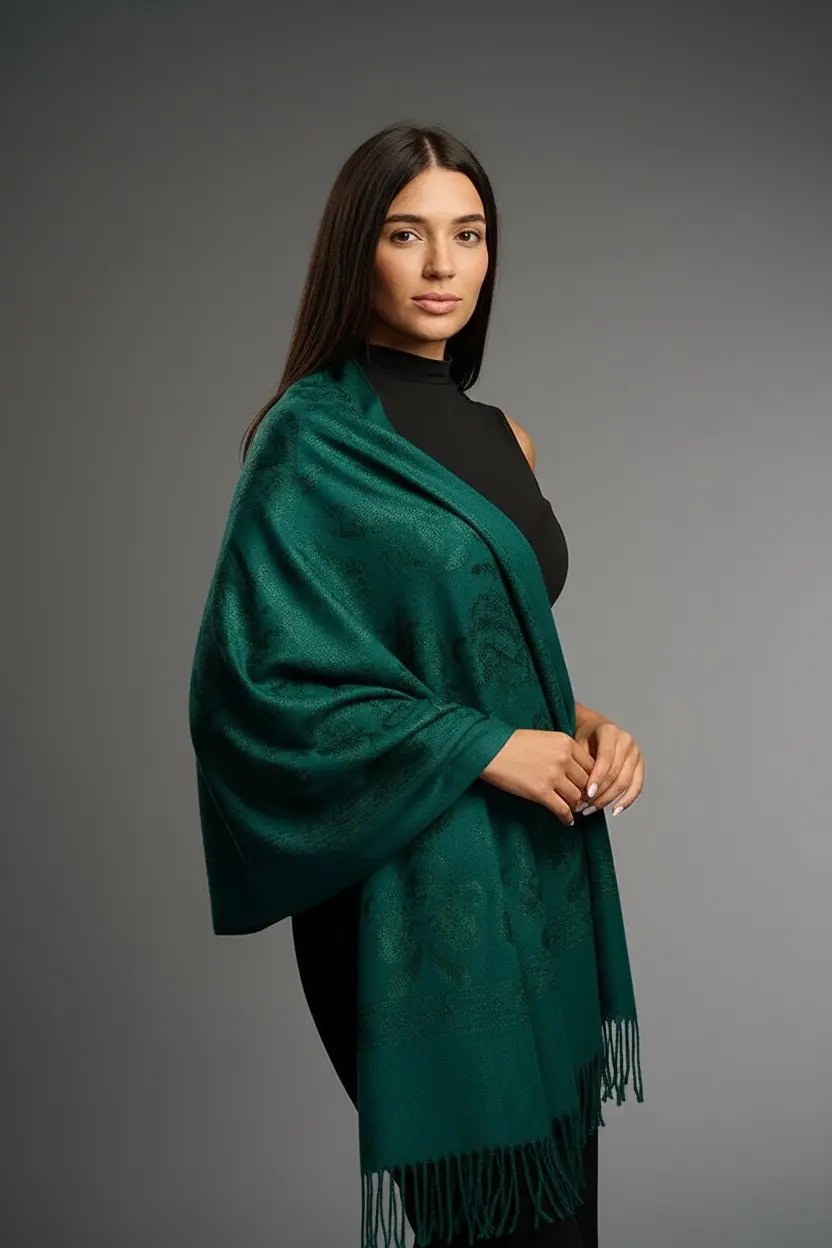 Șal damă verde smarald din cașmir și lână cu broderie ton pe ton Șal damă verde smarald din cașmir și lână cu broderie ton pe ton