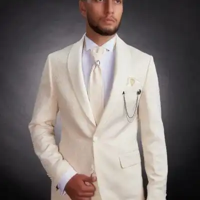 Costum alb cu rever tip sal – Stil memorabil pentru mire, ginere și naș la evenimente exclusive - CSI29
