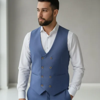 Vestă Elegantă Bărbați Albastru Serenin Double-Breasted pentru Mire și Ținute de Ceremonie – 38VLV