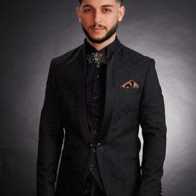 Costum mire/ginere colectia 2025- Smoking elegant ,negru jacquard , rever tip tunica- CTN31