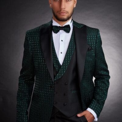 Costum mire/ginere colectia 2025- Smoking elegant ,verde smarald,  brocart , rever tip spitz- CZV32