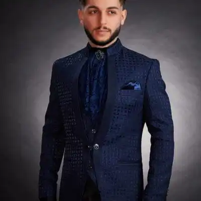 2023 collection groom/groom suit - Elegant tuxedo, imperial navy blue, brocade, tunic lapel, 36CTA