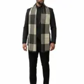 Fular bărbătesc din cașmir și lână negru-crem, cu model geometric în carouri Geometric Elegance