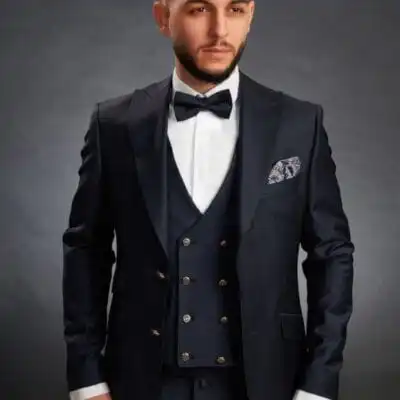 Costum de Mire și Ginere – Smoking Elegant Negru Black Tie cu Guler Spitz- CSN43