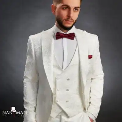 Costum Alb Mire/Ginere cu Guler Spitz – Elegant & Ceremonie - CSA58