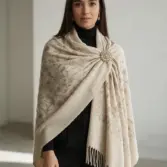 Șal damă bej deschis din cașmir și lână cu broderie Paisley