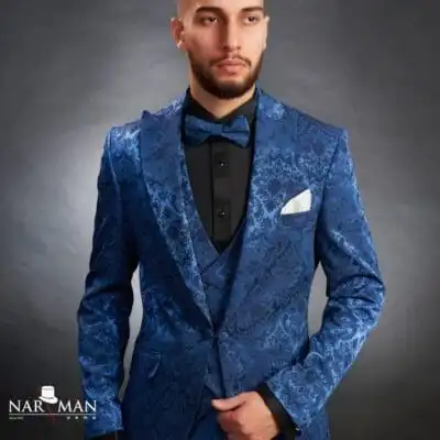 Costum mire / ginere bleu ciel floral – Smoking elegant bărbați cu guler spitz- CSA60