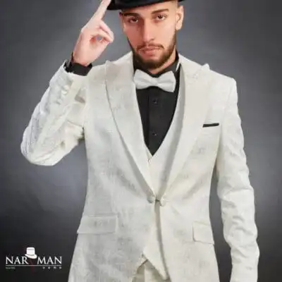 Costum Alb de Mire & Ginere cu Guler Spitz – Eleganță Nuntă & Ceremonii - CSA61
