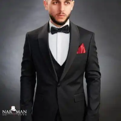Costum Mire/Ginere Negru Clasic cu Guler Sal –  Nuntă & Ceremonie- CSN63