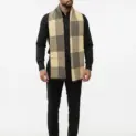 Fular bărbătesc din cașmir și lână gri-bej, cu model geometric în carouri Geometric Elegance