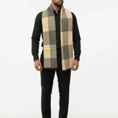 Fular bărbătesc din cașmir și lână gri-bej, cu model geometric în carouri Geometric Elegance