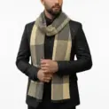 Fular bărbătesc din cașmir și lână gri-bej, cu model geometric în carouri Geometric Elegance