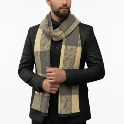 Fular bărbătesc din cașmir și lână gri-bej, cu model geometric în carouri Geometric Elegance
