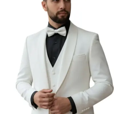 Costum Mire Alb Premium din Lână și Mătase cu Guler Șal 4 Piese - CSA97
