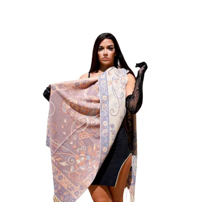 Șal Elegant din Lână și Cașmir – Model SLC126 (Roz și Crem cu Design Artistic)