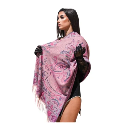 Șal Elegant din Lână și Cașmir – Model SLC127 (Roz cu Design Artistic)