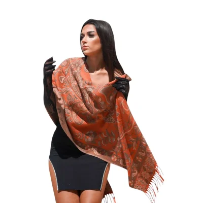Șal Elegant din Lână și Cașmir – Model SLC129 (Orange cu Design Artistic)