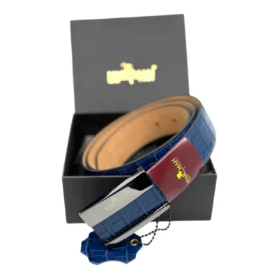 Curea bărbătească albastră din piele naturală 100%, handmade, cu cataramă din oțel inoxidabil CUP33