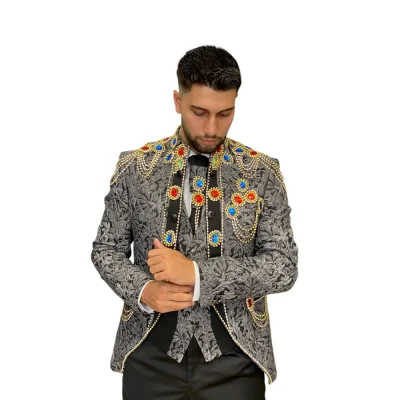 Costum de Mire Gri cu Cristale, guler tunica - GLAM02