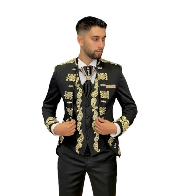 Costum de ceremonie negru decorat cu broderii aurii- GLAM06